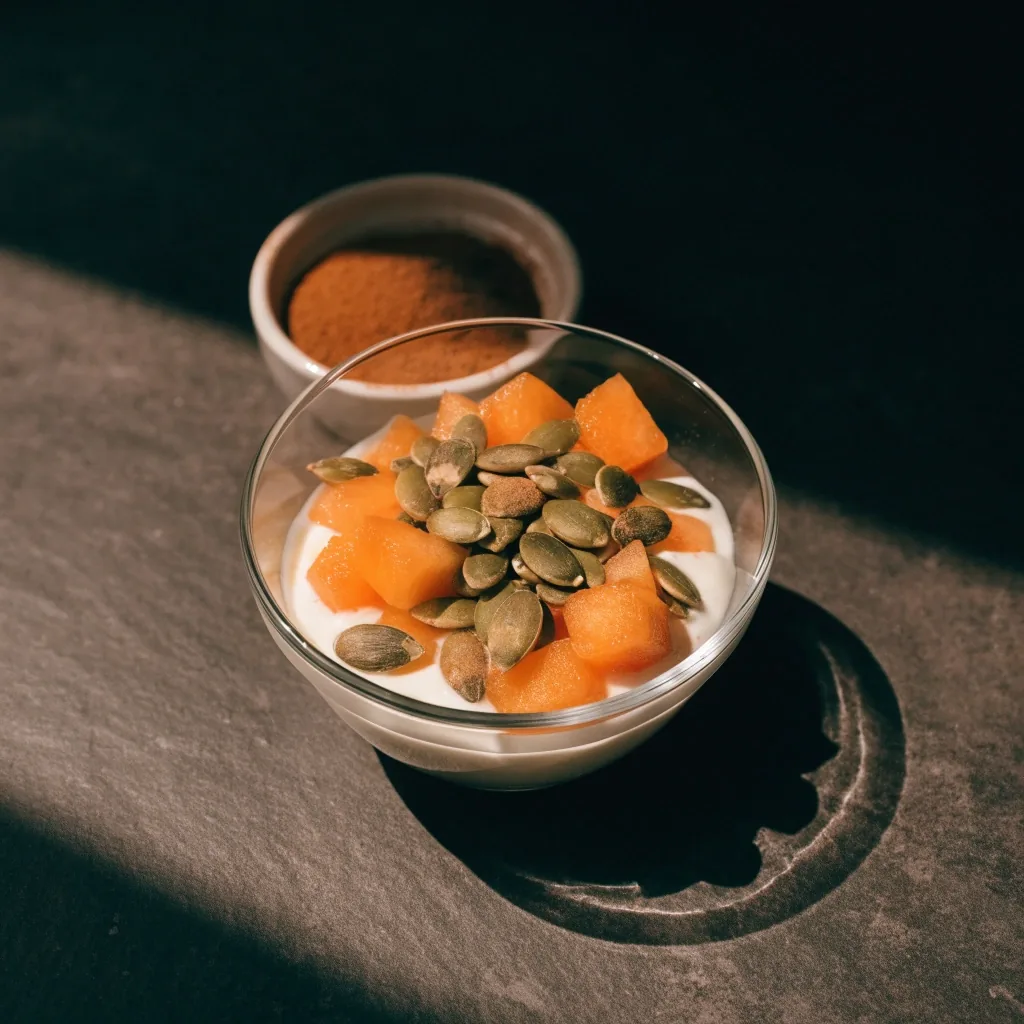 Jogurt s kockicama kantalupa i sjemenkama u staklenoj zdjeli